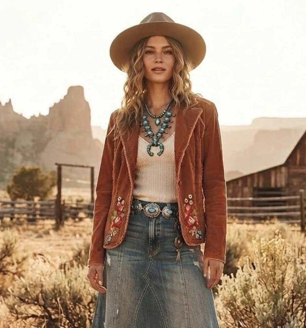 Y2K Kikit Jeans Sz L Brown Corduroy Embroidered Western Blazer Jacket Frayed
